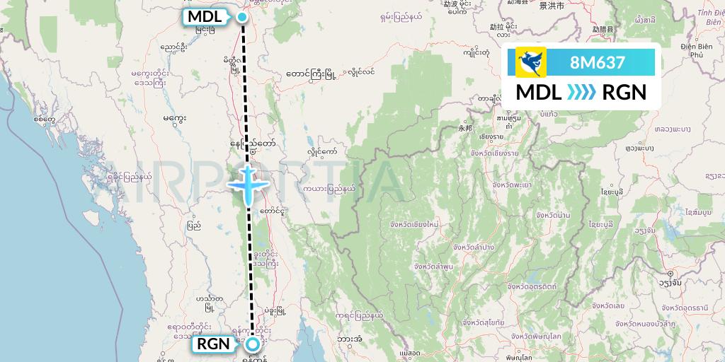 8M637 Myanmar Airways International Flight Map: Mandalay to Yangon