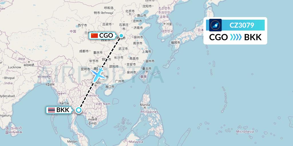 CZ3079 China Southern Airlines Flight Map: Zhengzhou to Bangkok