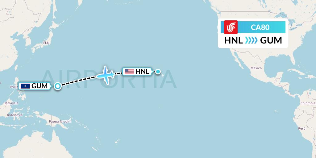 CA80 Air China Flight Map: Honolulu to Guam