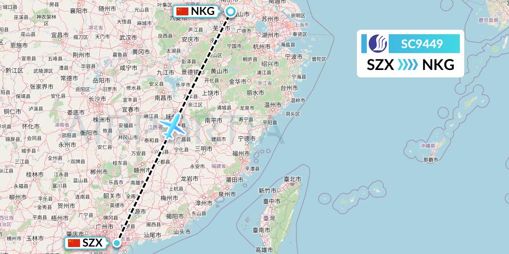 SC9449 Shandong Airlines Flight Map: Shenzhen to Nanjing
