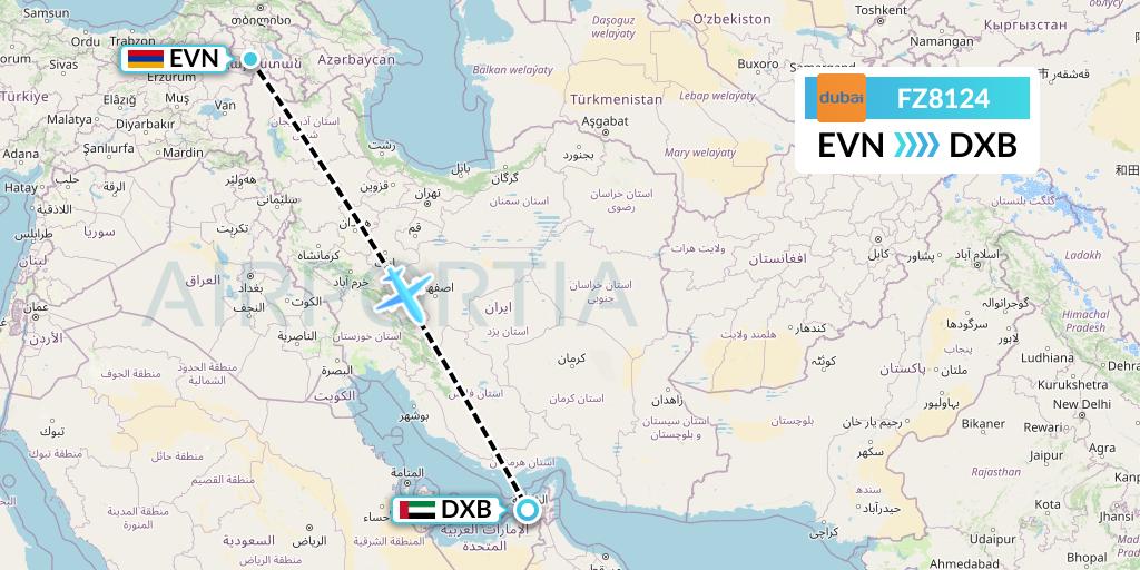 FZ8124 FlyDubai Flight Map: Yerevan to Dubai