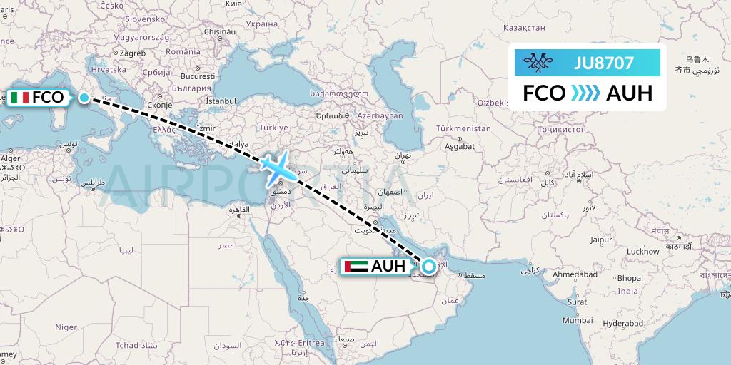 JU8707 AirSERBIA Flight Map: Rome to Abu Dhabi