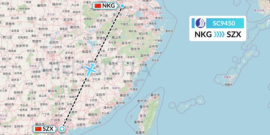 SC9450 Shandong Airlines Flight Map: Nanjing to Shenzhen