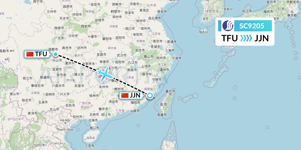 SC9205 Shandong Airlines Flight Map: Chengdu to Jinjiang