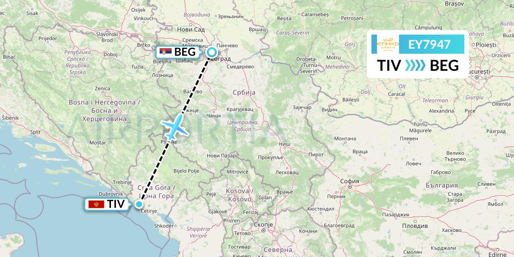 EY7947 Etihad Airways Flight Map: Tivat to Belgrade