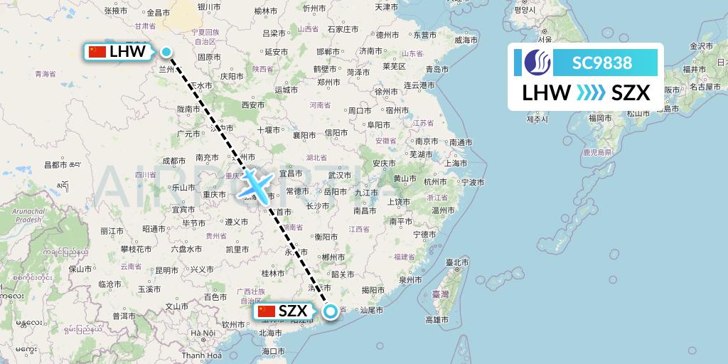 SC9838 Shandong Airlines Flight Map: Lanzhou to Shenzhen