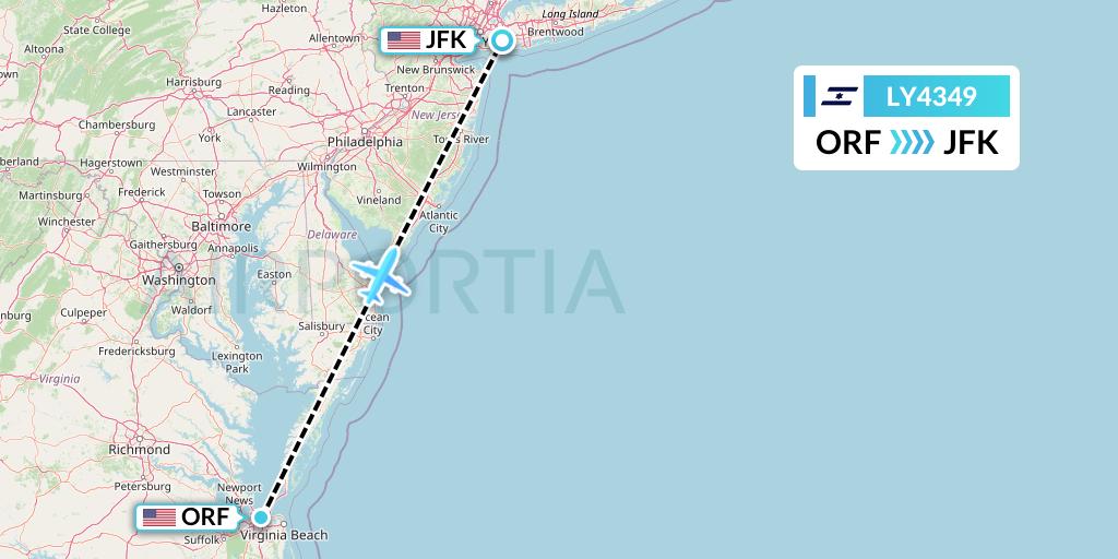 LY4349 El Al Flight Map: Norfolk to New York
