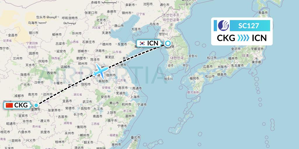 SC127 Shandong Airlines Flight Map: Chongqing to Seoul