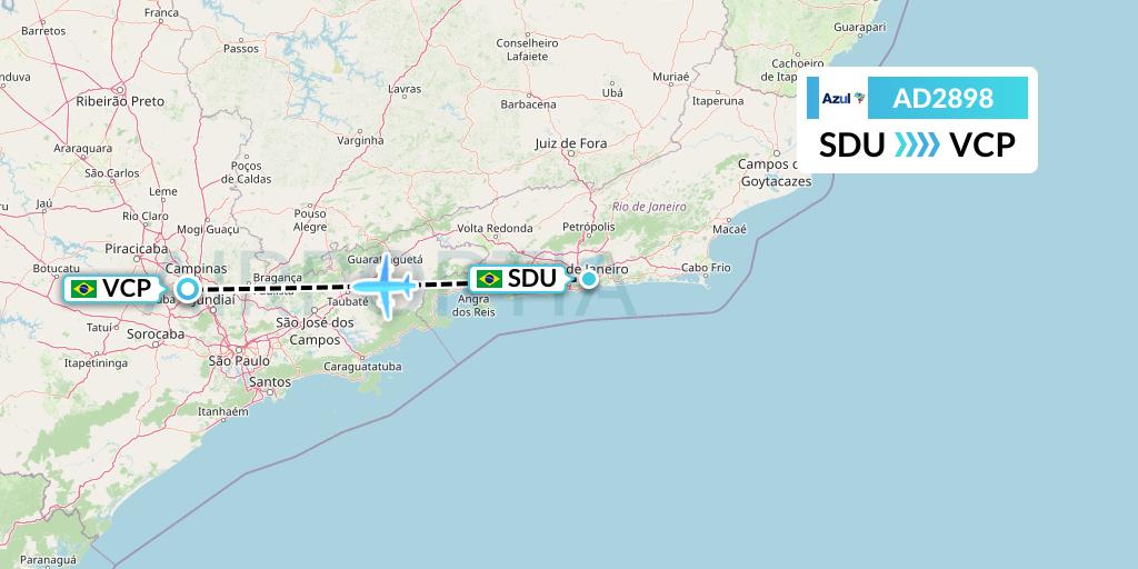 AD2898 Azul Brazilian Airlines Flight Map: Rio de Janeiro to Campinas