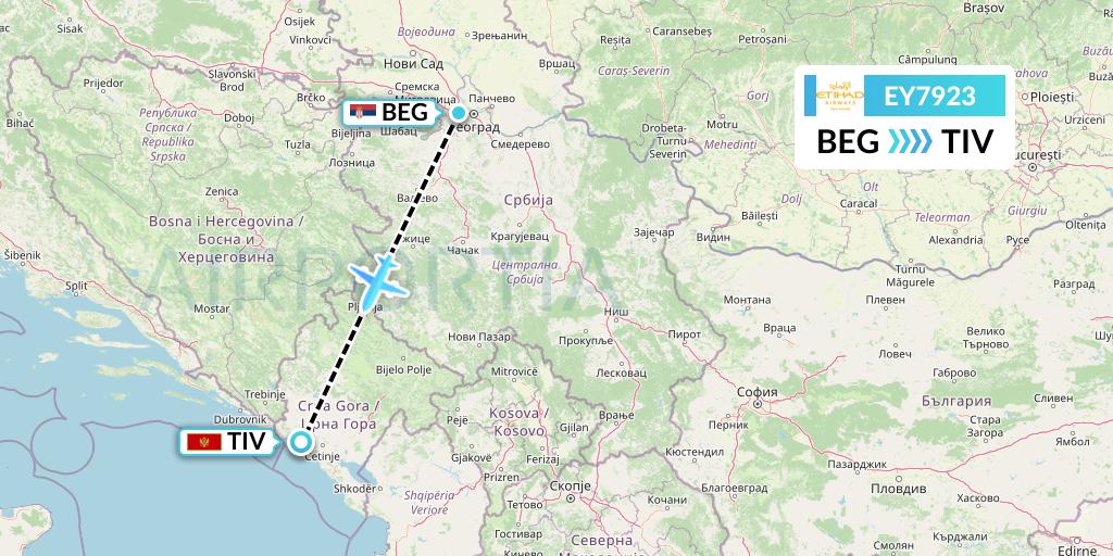 EY7923 Etihad Airways Flight Map: Belgrade to Tivat