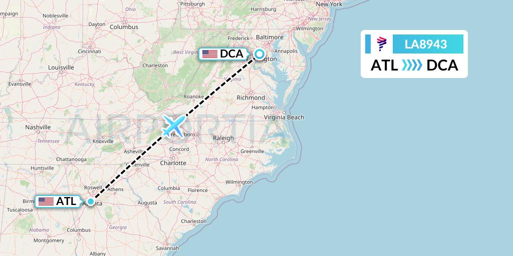 LA8943 LAN Airlines Flight Map: Atlanta to Washington