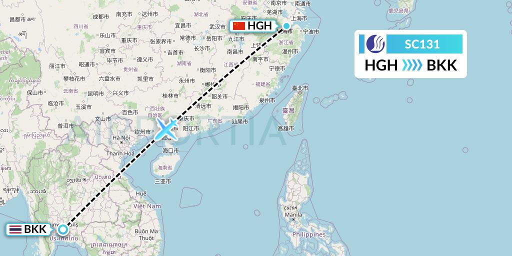 SC131 Shandong Airlines Flight Map: Hangzhou to Bangkok