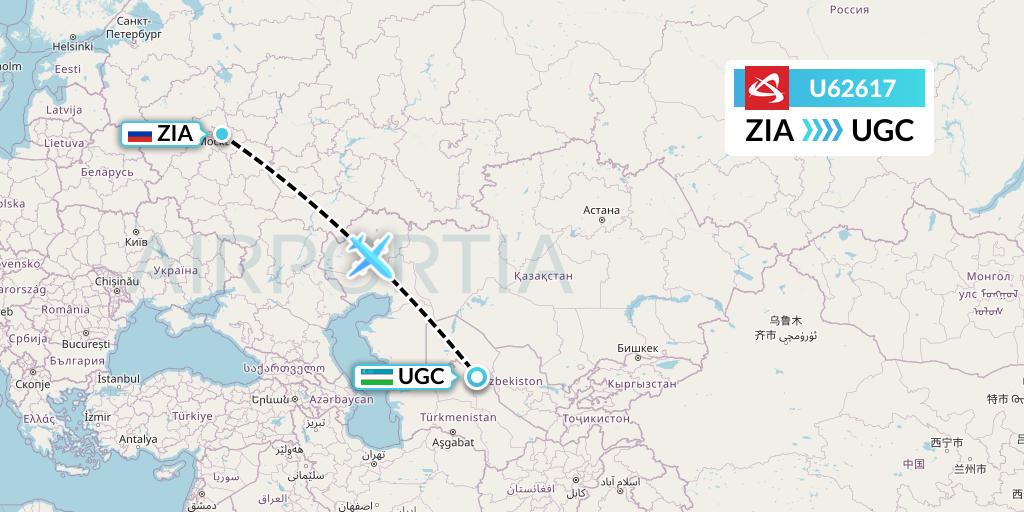 U62617 Ural Airlines Flight Map: Moscow to Urgench