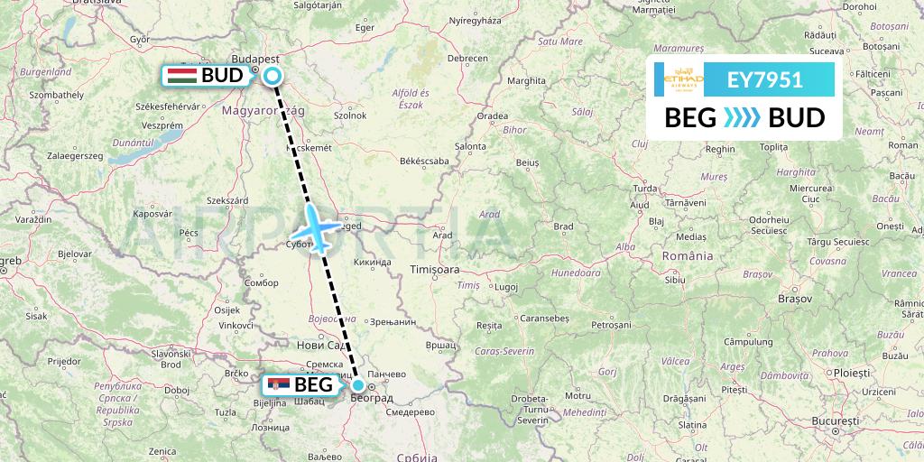 EY7951 Etihad Airways Flight Map: Belgrade to Budapest