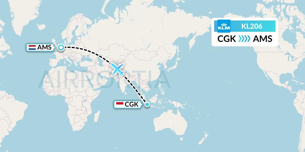 KL206 KLM Flight Map: Jakarta to Amsterdam