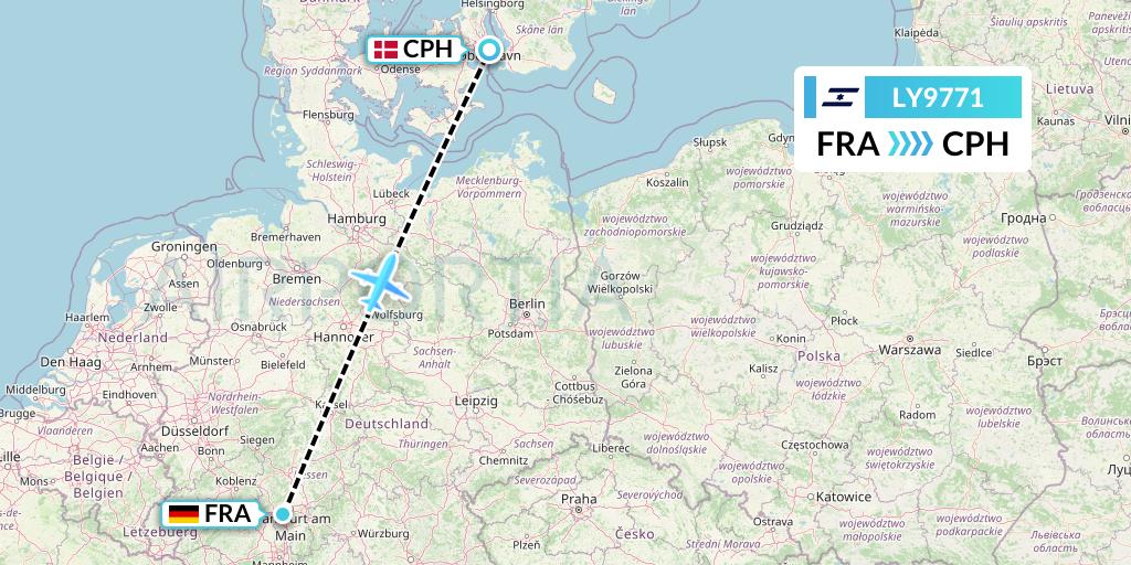 LY9771 El Al Flight Map: Frankfurt to Copenhagen