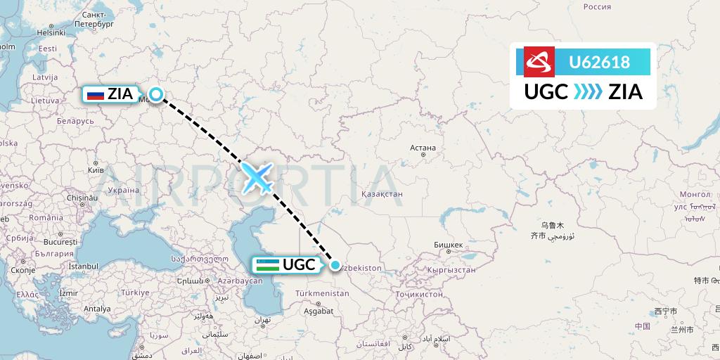 U62618 Ural Airlines Flight Map: Urgench to Moscow