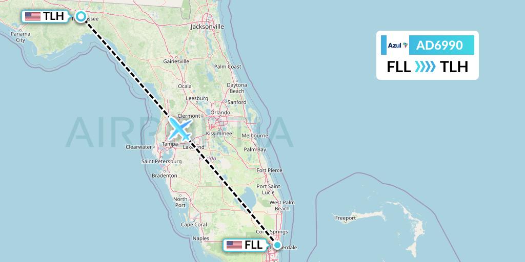 AD6990 Azul Brazilian Airlines Flight Map: Fort Lauderdale to Tallahassee