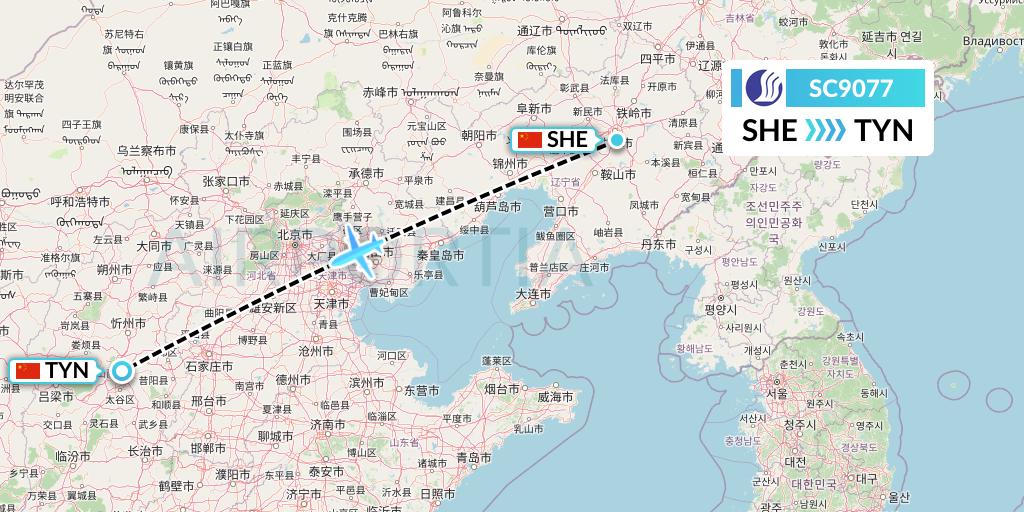 SC9077 Shandong Airlines Flight Map: Shenyang to Taiyuan