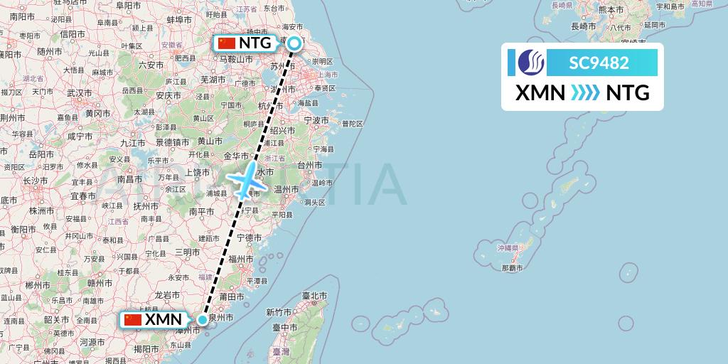 SC9482 Shandong Airlines Flight Map: Xiamen to Nantong