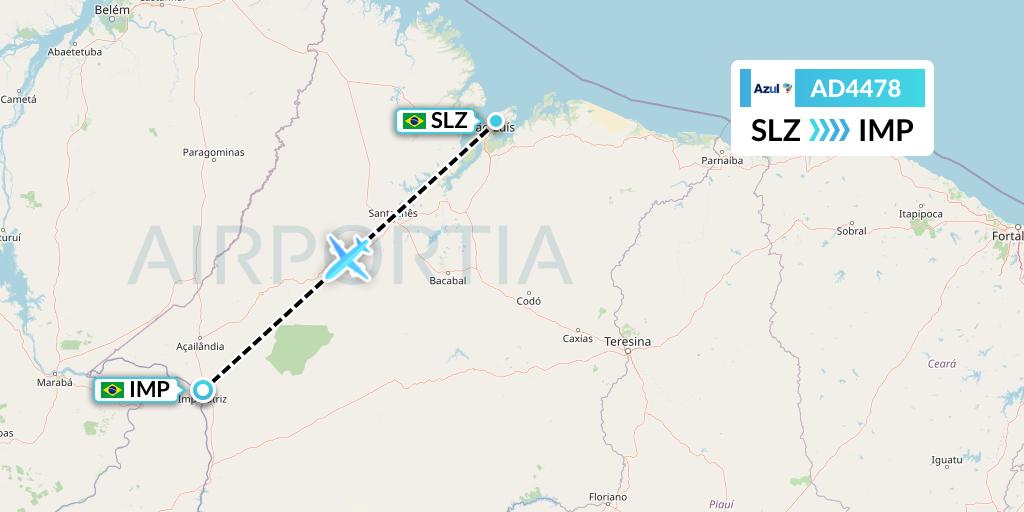 AD4478 Azul Brazilian Airlines Flight Map: Sao Luis to Imperatriz