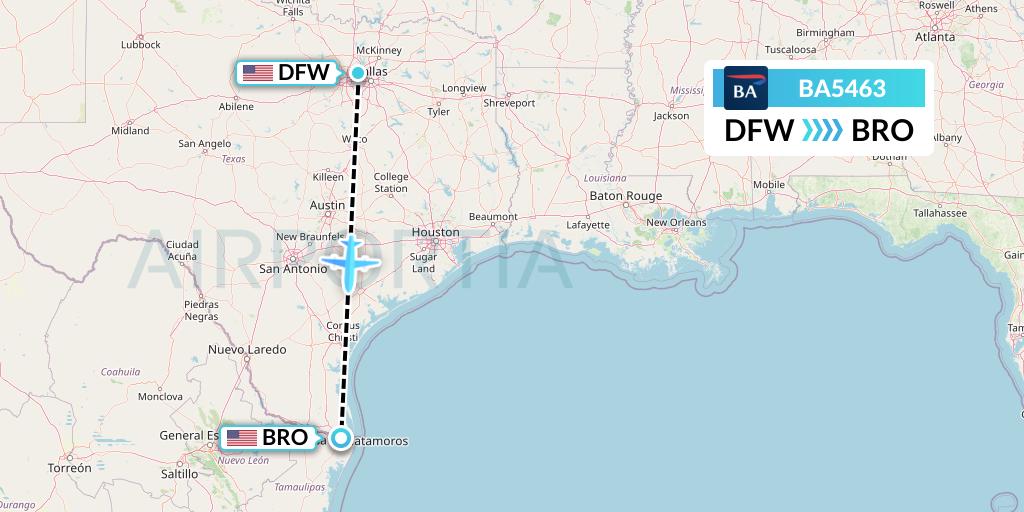 BA5463 British Airways Flight Map: Dallas to Brownsville