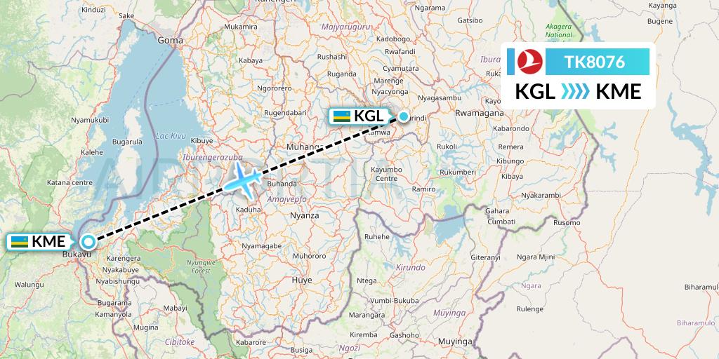 TK8076 Turkish Airlines Flight Map: Kigali to Kamembe