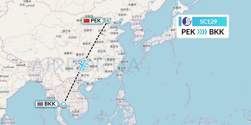 SC129 Shandong Airlines Flight Map: Beijing to Bangkok