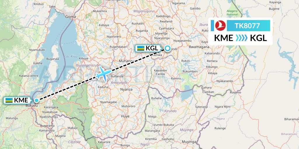 TK8077 Turkish Airlines Flight Map: Kamembe to Kigali