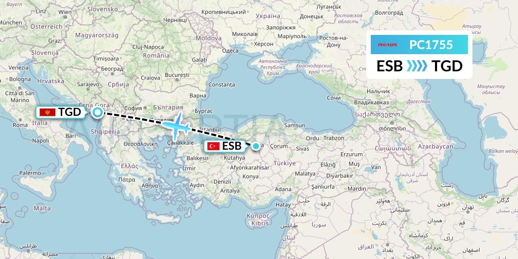 PC1755 Pegasus Airlines Flight Map: Ankara to Podgorica