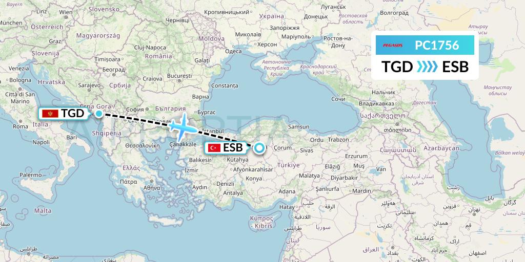 PC1756 Pegasus Airlines Flight Map: Podgorica to Ankara