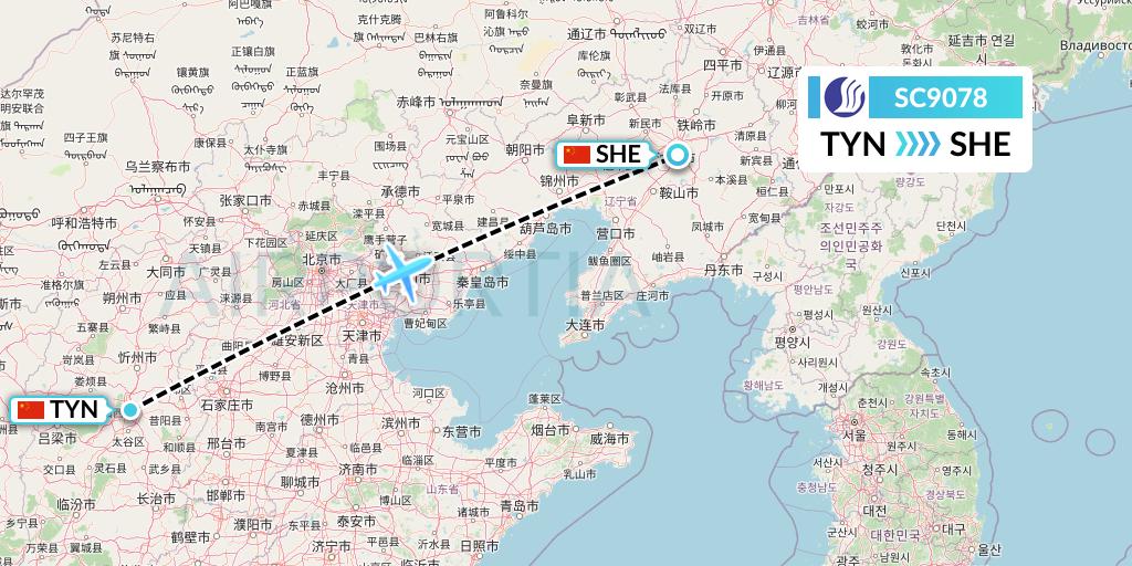 SC9078 Shandong Airlines Flight Map: Taiyuan to Shenyang