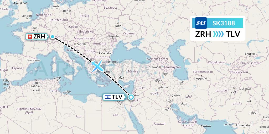 SK3188 SAS Flight Map: Zurich to Tel Aviv