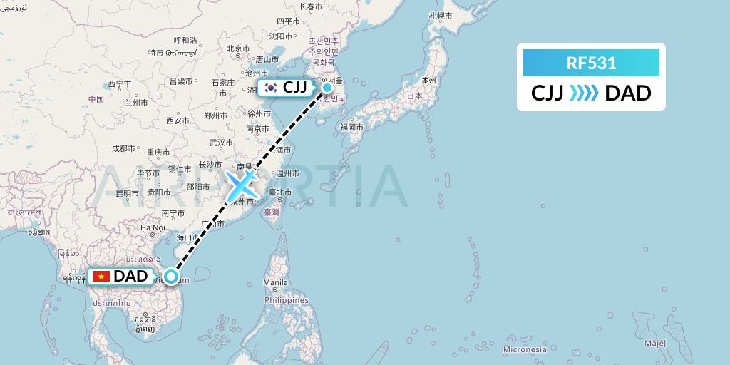 RF531 Aero K Airlines Flight Map: Cheongju to Da Nang