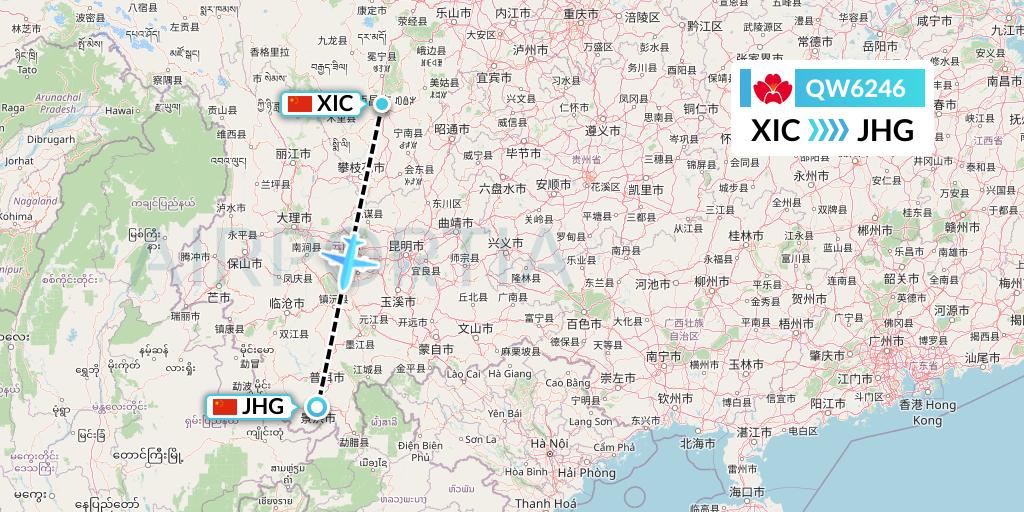 QW6246 Qingdao Airlines Flight Map: Xichang to Jinghong