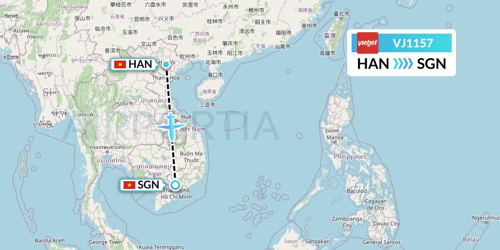 VJ1157 VietJet Air Flight Map: Hanoi to Ho Chi Minh City