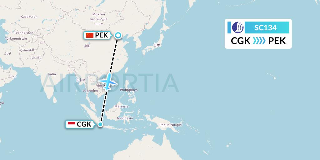 SC134 Shandong Airlines Flight Map: Jakarta to Beijing
