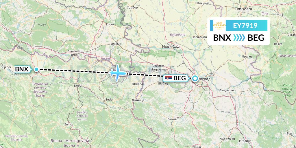 EY7919 Etihad Airways Flight Map: Banja Luka to Belgrade