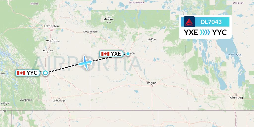 DL7043 Delta Air Lines Flight Map: Saskatoon to Calgary