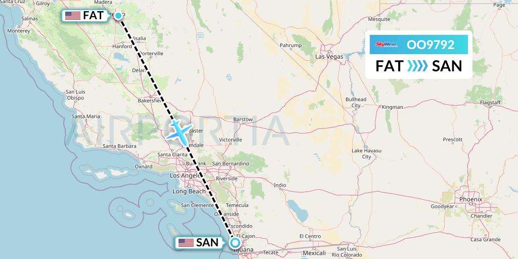 OO9792 SkyWest Airlines Flight Map: Fresno to San Diego