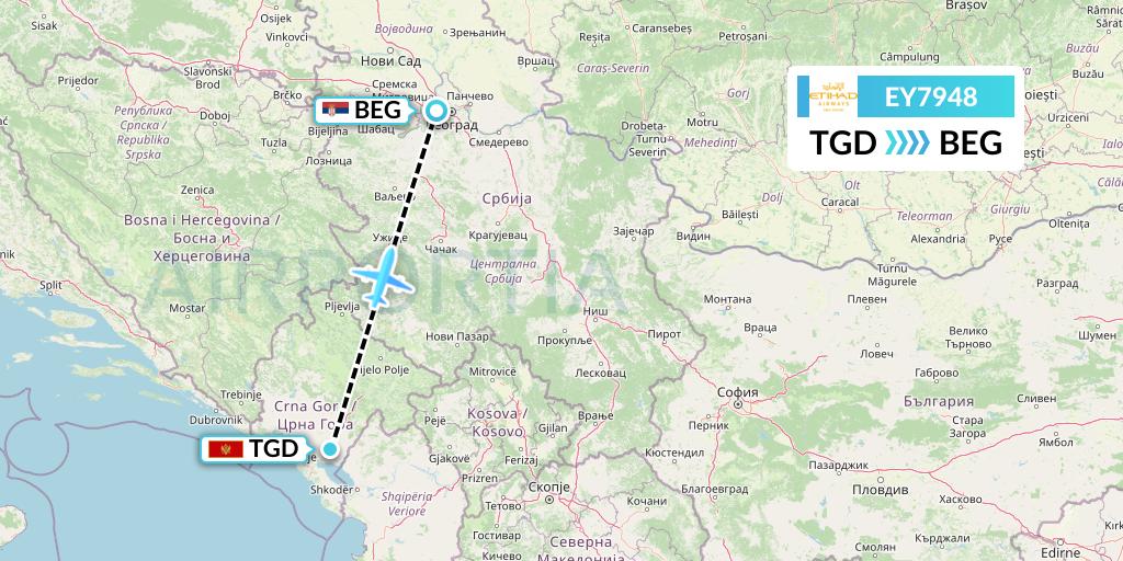 EY7948 Etihad Airways Flight Map: Podgorica to Belgrade