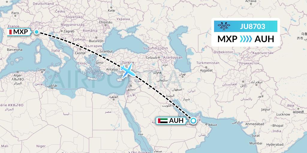 JU8703 AirSERBIA Flight Map: Milan to Abu Dhabi