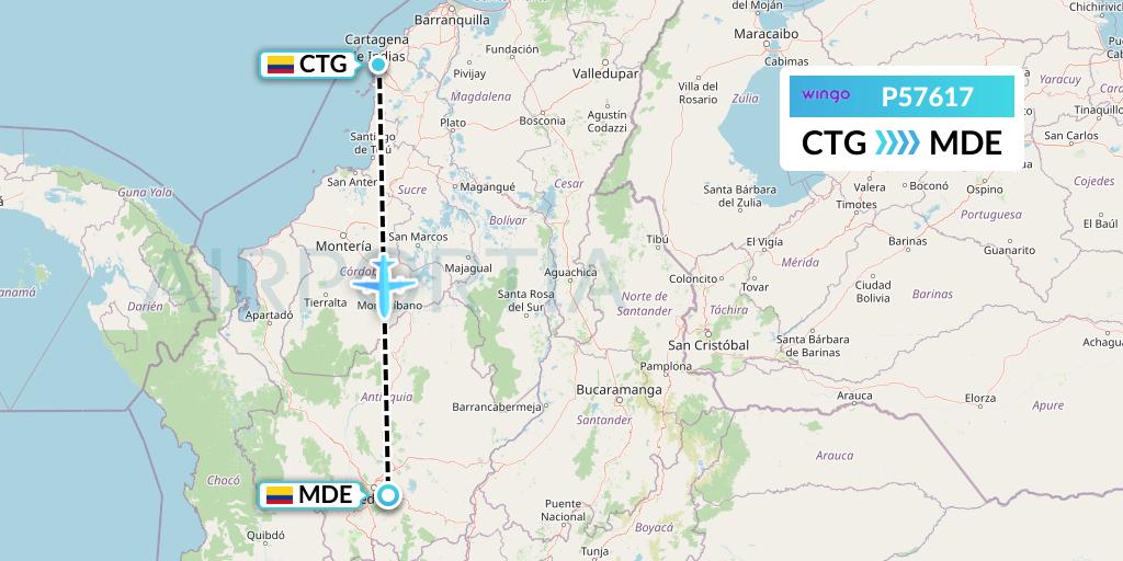P57617 Copa Airlines Colombia Flight Map: Cartagena to Medellin