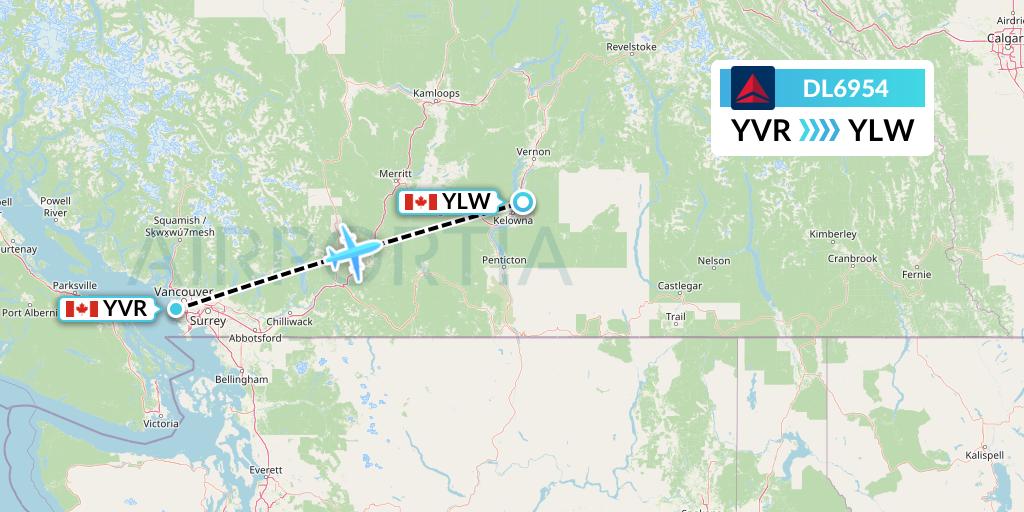 DL6954 Delta Air Lines Flight Map: Vancouver to Kelowna
