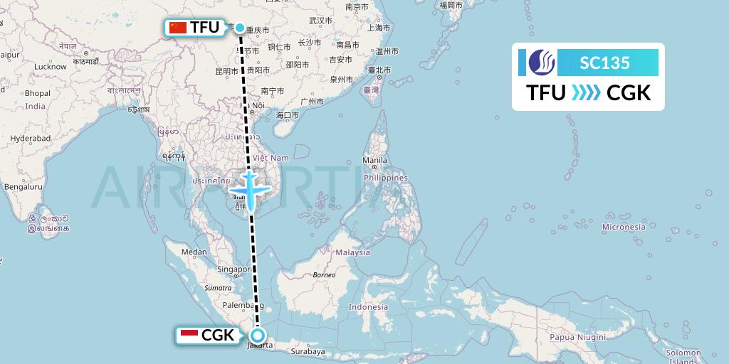 SC135 Shandong Airlines Flight Map: Chengdu to Jakarta