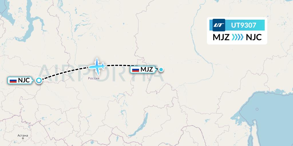 UT9307 UTair Flight Map: Mirny to Nizhnevartovsk