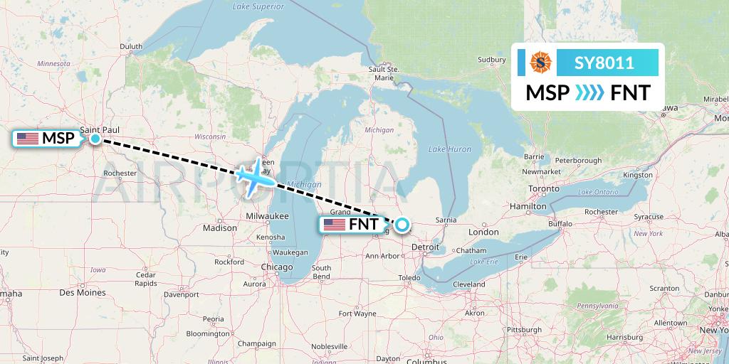 SY8011 Sun Country Airlines Flight Map: Minneapolis to Flint