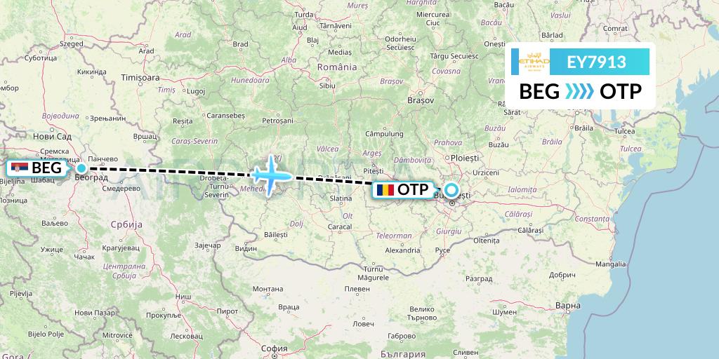 EY7913 Etihad Airways Flight Map: Belgrade to Bucharest