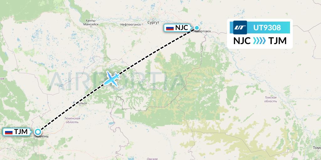 UT9308 UTair Flight Map: Nizhnevartovsk to Tyumen