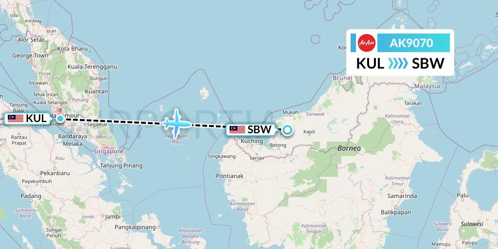 AK9070 AirAsia Flight Map: Kuala Lumpur to Sibu